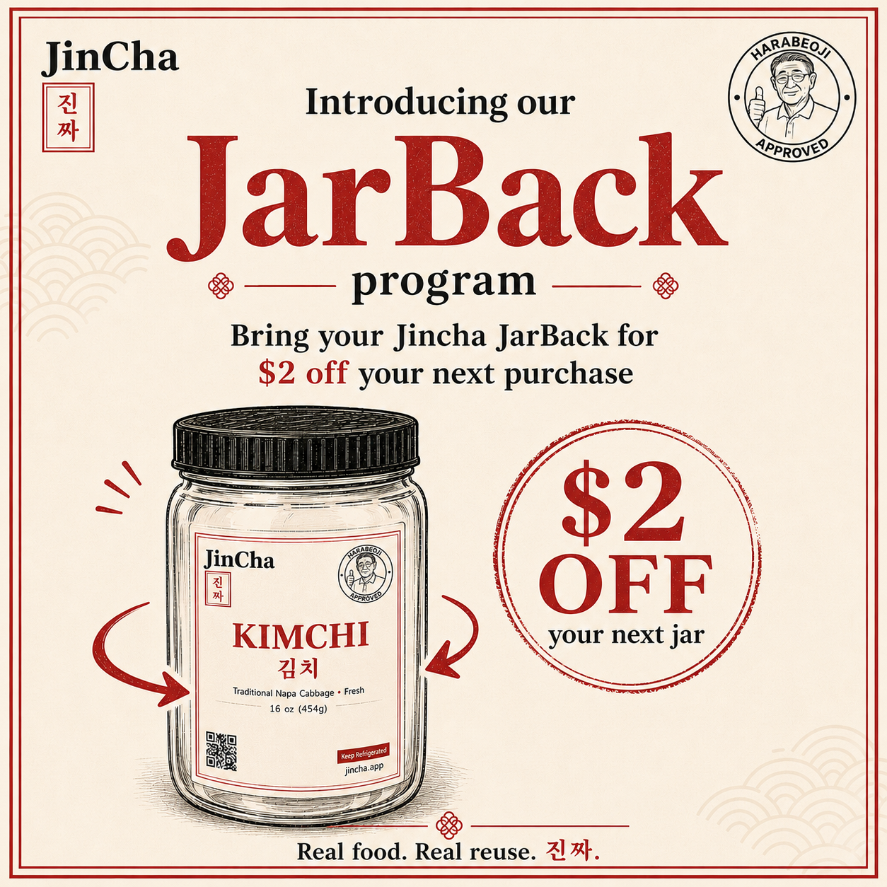 JinCha JarBack Program — bring back your empty JinCha kimchi jar and get $2 off your next purchase. Real food. Real reuse.