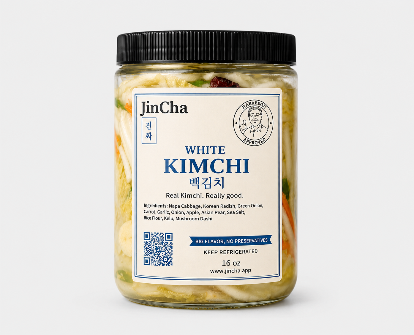 Jar of JinCha White Kimchi (baek kimchi) — non-spicy Korean napa cabbage kimchi, gentle and refreshing, handcrafted in the Bay Area